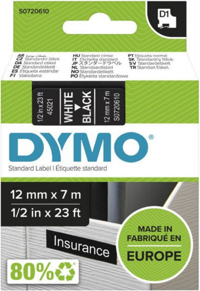 Picture of DYMO D1 LABEL CASSETTE ORIGINAL 45021 12MM WHITE ON BLACK